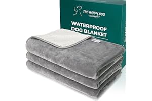 THE HAPPY DOG COMPANY 100% Waterproof Blanket for Bed - Soft Fleece Washable Waterproof Dog Blankets for Large Dogs, Pet Blankets for Bed/Sofa/Dog Crate, Reversible Fluffy Furniture Protector, 152x200cm, Grey/White