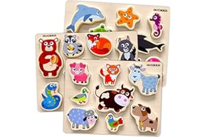 QUOKKA Toddler Educational Toys for 1 2 3 Year - 3 Set Wooden Chunky Puzzles for 2 3 yo - Montessori Learning Toys with Animals - Gift Game for Boy ans Girl