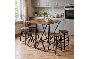 Warmiehomy 5pcs Dining Room Furniture Sets, Industrial Kitchen Breakfast Bar Table and Stools Set, Saving Space Folding Table and 4 Stools for Home Apartment, Kitchen, Living Room, Brown
