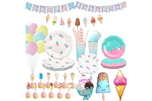 Obussgar Ice Cream Geburtstagsparty Dekorationen - Ice Cream Party Zubehör einschließlich Banner Teller Tassen Servietten Tischdecke Luftballons für Geburtstag Party Dekorationen - für 24 Gäste (B)