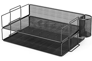 JOPOO Letter Trays, 2pcs Stackable Paper Sorter with 1 Pen Holder, A4 Desk Organiser, Mesh Desk File Tray for Home Office Supplies