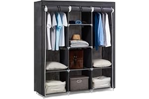 Hododou Portable Wardrobe Large Canvas Wardrobe Clothes Storage Organizer with 2 Hanging Rail Foldable Closet for Living Room, Bedroom 175 x 150 x 45CM Grey