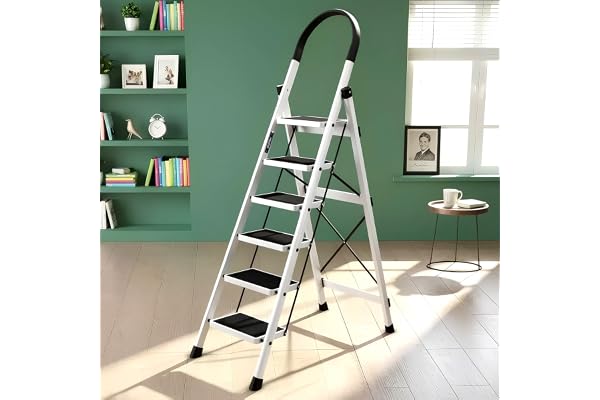Plantex Ladder for Home 6 Steps/Foldable Ladder with Anti-Skid Wide Steps (30L x 20W cm)/Strong D-Shape Pipe with X-Support f