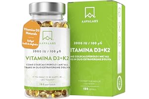 AAVALABS Vitamina D3 K2 Alto Assorbimento Olio Extraverg.d'Oliva - Vitamina D3 2000 UI + Vitamina K2 MK7 100 μg - Vitamina D 2000 UI e Vitamina K - 180 Capsule