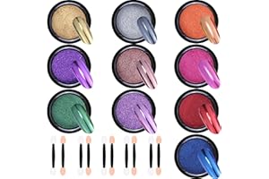 Duufin 10 Jars Nail Chrome Powder Metallic Mirror Effect Nail Powder 1g/Jar with 10 Pcs Eyeshadow Sticks, 10 Colours
