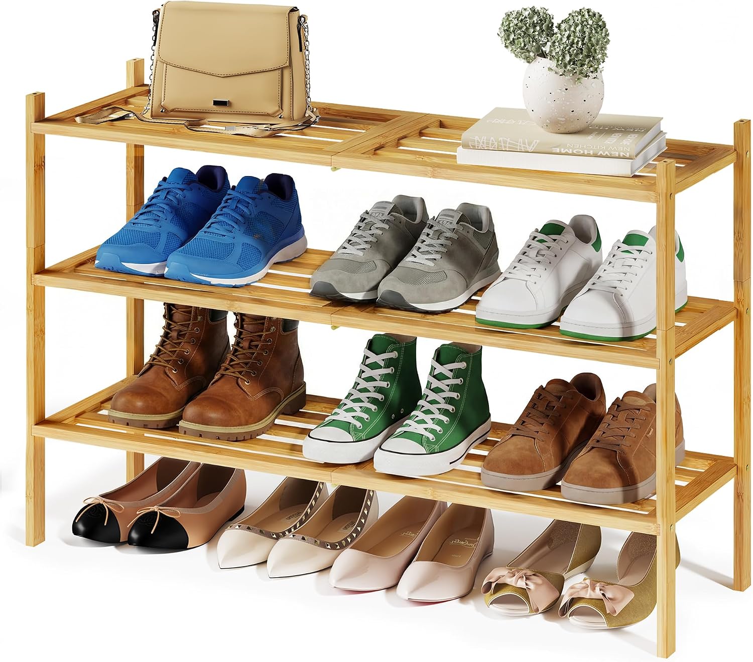 SONGMICS Zapatero de Bambú, 3 Niveles, Apilable, Estrecho, Estantería para Entrada, Salón, Dormitorio, Garaje, para 12-16 Pares de Zapatos, 25 x 70 x 51,5 cm, Natural LBS053YL01