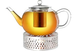 Creano Dzbanek do herbaty ze szkła 1,6 l + podgrzewacz ze stali nierdzewnej, 3-częściowy szklany dzbanek ze zintegrowanym sitkiem ze stali nierdzewnej i szklaną pokrywką, idealny do przygotowywania
