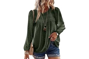 TUUHAW Camiseta Manga Larga Mujer Otoño Blusa Elegante con Cuello Redondo Color Sólido Moda 2025 Top Bordado Encaje Ropa