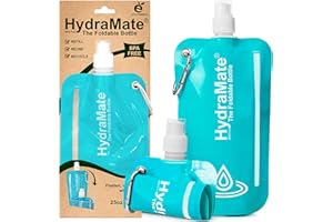 HydraMate FOLDABLE WATER BOTTLE - BPA Free. Collapsible 26oz/750ml Lightweight, Soft, Squeezable, Eco-Friendly Folding Bottle for Travel. Sports Cap, Hygienic Safety Lid. Refillable. Carabiner Clip.