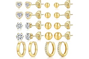 BMMYE Sterling Silver Stud Earrings - 925 Silver Diamond Studs, White Gold Plated, Hypoallergenic, Small, Women's Set