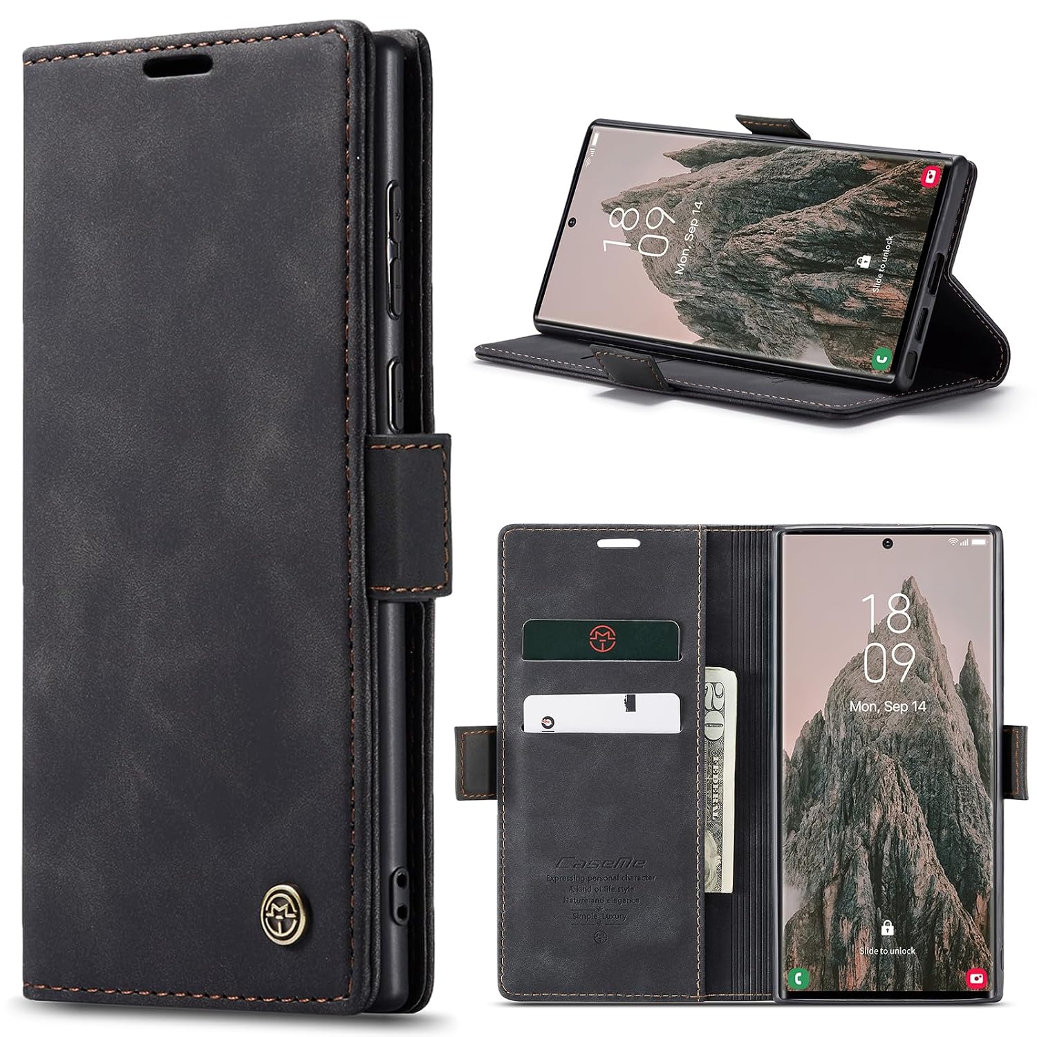 Azororo Beschermhoes voor Samsung Galaxy S24 Ultra 5G, premium lederen beschermhoes, portefeuille, flip case, magneetsluiting, beschermhoes voor Samsung Galaxy S24 Ultra, zwart