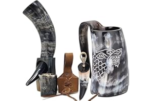 Brainmart Taza de Cuerno Vikingo Juego de Tronos Abrebotellas Taza de Whisky Funda para cinturón Cuerno para Beber con Soporte para Ale, café, Vino, Hidromiel, Bebida fría (Natural, Juego de 5 piezas)