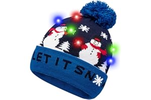 HOTUVEP Light Up Christmas Hat, Glow In The Dark Christmas Cap with Replaceable Battery, Unisex LED Santa Hats, Xmas Beanie Knitted Hat Christmas Party Cap for Kids Adults