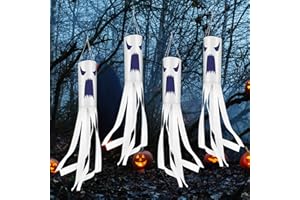 FIADA 4 Pieces Halloween Ghost Windsocks Flag Large Ghost Windsocks Decoration Halloween Outdoor Hanging Decorative Windsocks for Halloween Front Yard Lawn Garden Party Decoration