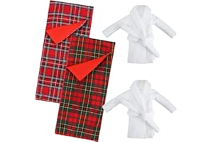 Skylety 2 Stück Weihnachten Schlafsäcke Zubehör Elf Puppe Schlafsack Elf Puppe Rot Grün Plaid Schlafsack und 2 Stück Weiß Bademäntel für Elf Puppe Dekorationen (Puppe ist nicht enthalten)
