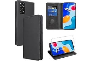 Vauki Funda Cuero para Xiaomi Redmi Note 11/Note 11S 4G con 1 Cristal Templado Carcasa PU Cartera Soporte Tarjetas Case Ranuras Soporte Plegable Tapa Libro Movil Flip Caso 6.43",Negro