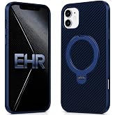 Ehr. iPhone 11 ile Uyumlu Magsafe Wireless Şarj &Ouml;zellikli Kamera &Ccedil;ıkıntılı Standlı Carbon i&ccedil;i Kadife Silikon Arka Kapak (Mavi