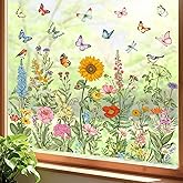 decalmile Autocollants Fenêtre Fleurs Sauvages Vintage Printemps Été Anti-Collision Stickers Plantes Vertes Papillon Tourneso
