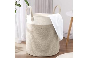 LA BONHEUR Wäschekorb Geflochten Laundry Basket Groß Wäschesammler Wäschesortierer kinderzimmer Wäschetonne Aufbewahrung Spielzeug Aufbewahrungskorb Baumwolle（mit Henkel Faltbar）35cm*40cm