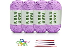 ‎RIDDUR 4 X 50g Häkelgarn Wolle zum Häkeln Chenille Wolle Zum Häkeln Chenille Dicke Wolle Zum Häkeln gut Sichtbare Maschen, Dicke Wolle zum Häkeln Dickes Baumwoll-Nylon-Helllila mit Häkelzubehör