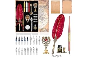 OAUIR GUSIX Quill Pen and Ink Set - Feather and Wooden Dip Pen, 17 Replacement Nibs, Base, 3 Wax Seal Sticks, Stamp, White Wax, Spoon, Envelope Letter Paper, Envelope Tool (Purple)