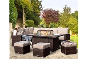 GOODS EMPORIUM Rattan Garden Furniture with Fire Pit Table - Premium Series - 9 Seater Outdoor Furniture Rattan Corner Sofa Corner Garden Patio Sets - FREE RAIN COVER (Dark Brown, Left Hand - Firepit Table)
