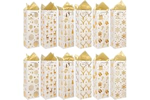 VEYLIN Bottle Gift Bag, 12 Pack Gold Christmas Wine Cover Bag with Handle and Tags for Winter Holiday Party Decoration