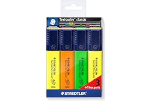 Staedtler Textsurfer Classic 364-S WP4P - Estuche promocional con 3 marcadores fluorescentes en colores surtidos + 1 marcador fluorescente amarillo, Multicolor