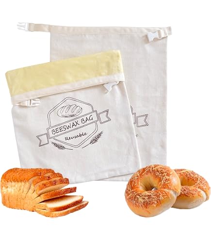 2er Set Bienenwachs-Brotbeutel Aus Leinen – 43x32 Cm, Wiederverwendbar, Mit Gummizug Und Karabiner, Perfekt Für Brot & Backwaren