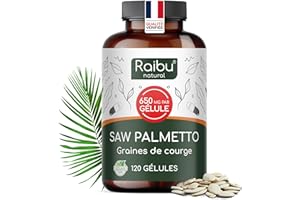 Saw Palmetto - Haute Teneur: 550 mg de Palmier Nain par Gélule (20:1), avec Graines de Courge - 120 Gélules de Palmier Nain pour 4 Mois d’Utilisation - Végan & Sans Additifs - Raibu