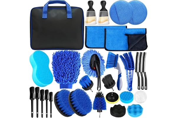 GMUFTIR Kit Nettoyage Voiture, 31 Pièces Kit de Brosse Nettoyage Voiture pour L'intérieur et L'extérieur, avec Brosse, Éponges de Polissage et Plus, pour Fentes de Ventilation, Roues, Surfaces