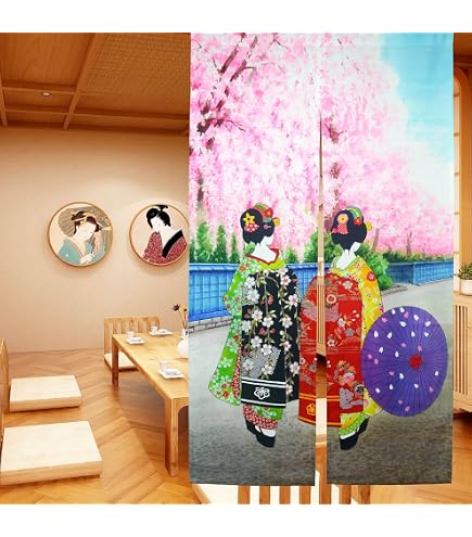 Rideau Porte Japonais Noren - Chat Porte-bonheur & Fleurs De Cerisier - 85x150 Cm - Pour Décoration Maison, Boutique