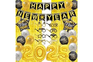HORDUET Silvester Deko 2025, Neujahrsdeko Set Happy New Year Banner 2025 Folienballons Silvester Ballons Gold Tinsel Vorhänge Neujahr gläser für Silvester Party Deko 2025