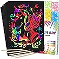 Mocoosy 60Pcs Scratch Art Paper for Kids - Rainbow Magic Scratch Off Paper Art and Craft Kit Scratch Note Black Doodle Pads with 4 Stencils 5 Wooden Stylus for Party Favor Game Activities Gift