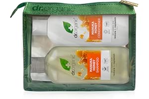 DR.ORGANIC Dr Organic Manuka Honey zestaw szamponów i odżywek z torbą podróżną, regenerujące, suche włosy, naturalne, wegetariańskie, wolne od okrucieństwa, bez parabenów i SLS, nadające się do recyklingu i