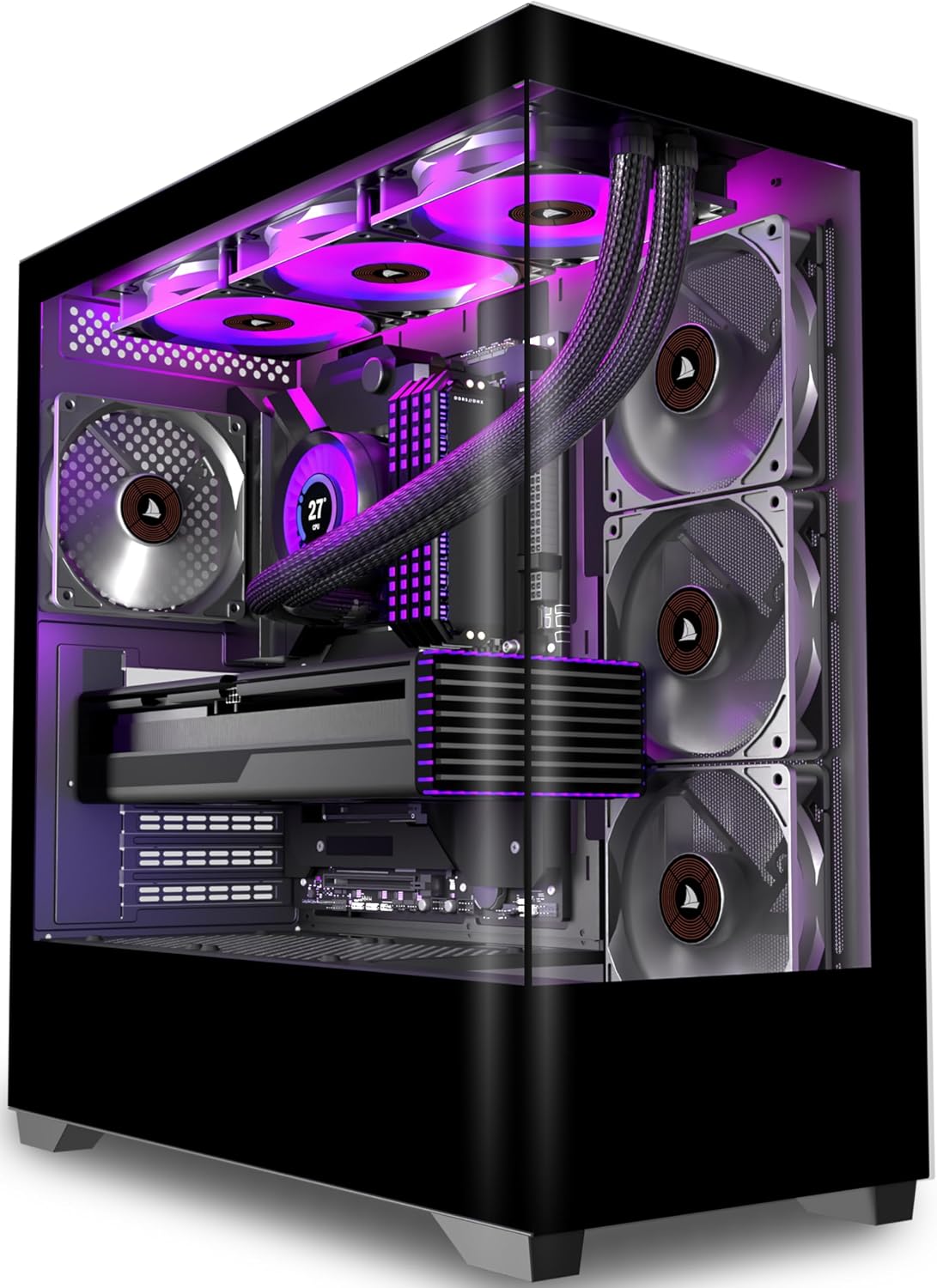 PCZZOI PC CASE ATX 4 Fans Pre-Installed, Type-C Mid Tower Computer Case with Full-View Dual Tempered Glass, Gaming PC Case,Black,P4