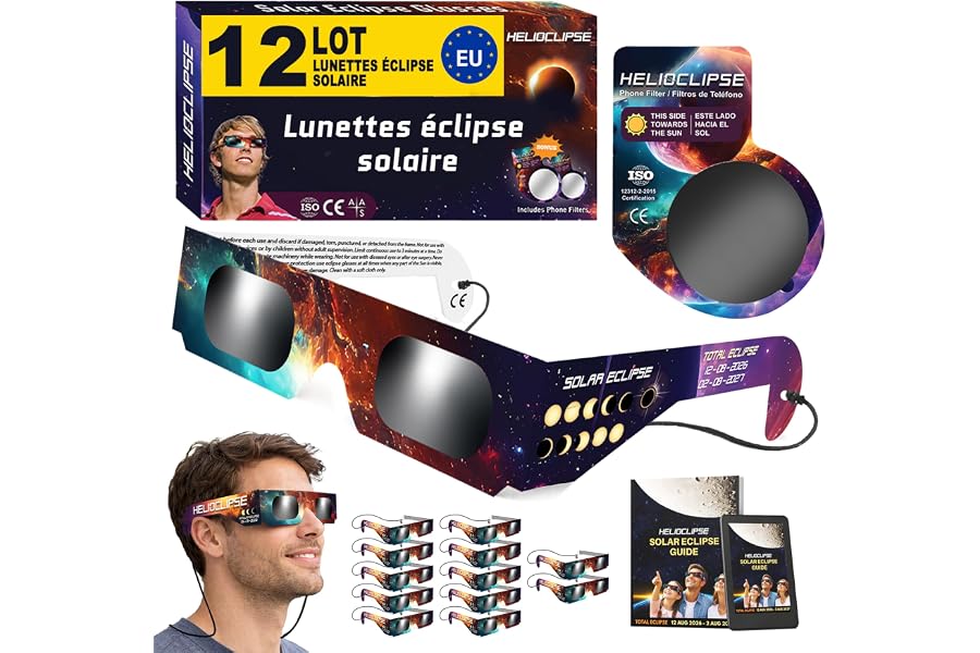 Helioclipse 6/12/25/50/100 Lunette Eclipse Solaire 2026 ISO 12312-2 - Lunettes Eclipse Solaire - Lunette pour Eclipse Solaire