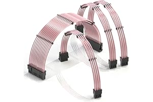 LINKUP - 30cm Extension de Câble PSU 18AWG Veste en Téflon Cuivre sans Oxygène Mod Personnalisé GPU PC avec Peigne Pack Unique | 1x24P (20+4) | 1x8P (4+4) CPU | 2x8P (6+2) GPU | 300mm - Rose