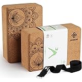 Overmont yogablock kork uppsättning av 2 med yogabälte för yoga, pilates, allmän fitness och stretch 23 x 15 x 7,6 cm