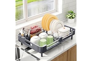 Kitstorack Escurridor De Platos Expandible, Escurreplatos Acero Inoxidable con Soporte Extraíble para Cubiertos, Pico Giratorio para Escurrir, Escurreplatos Plegable para Fregadero de Cocina, Gris