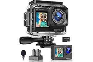 Surfola Cámara Deportiva 4K 60FPS 24MP WiFi, SF530 Acuática 40M Subacuática, Videocámara de Doble Pantalla con micrófono y 2 baterías
