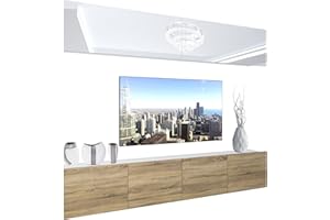 ‎B BELINI GROUP BELINI Wohnwand Vollausstattung Wohnzimmer-Set Moderne Schrankwand mit LED-Beleuchtung Anbauwand TV-Schrank Weiß/Sonoma Eiche