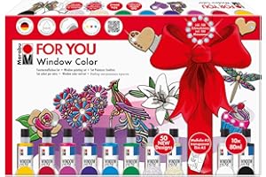 ‎MARABU Marabu 0406000000116 - Window Color fun & fancy, For You, Transparentfarbe auf Wasserbasis, wieder abziehbar von glatten Oberflächen, 10 x 80 ml Farbe, Schmucksteine, 2 Malvorlagen A3 und Folie A3