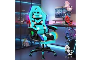 ALFORDSON Silla Gaming Racing, Silla Gamer Masaje con Iluminación RGB de 12 LED de Color, Sillón Ergonómico con Soporte Lumbar, Tumbona con Reposapiés, Cuero PU, Cian