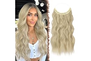 FESHFEN Extensiones Hilo Invisible Largo Ondulado Rizado Rubio Ceniza Secret Extensión Invisible de Pelo sin Clips Sintética Postizos para Mujer 50 cm