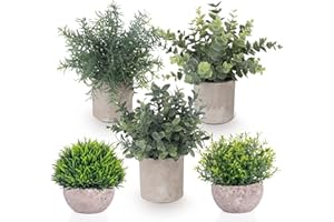 ilauke Set of 5 Mini Potted Artificial Plants Fake Small Eucalyptus Rosemary Greenery Plastic Faux Green Grass Potted Plants Decorative Fake Plant for House Office Balcony Desk Bathroom Decoration