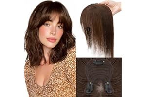 Elailite 25cm Protesis Capilares Mujer Pelo Natural Clip 27g Castaño Oscuro Flequillo Fino Cabello Humano Hair Topper Silk Basse 8cm*11.5cm #02