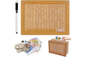 FMKLDENA Spardose aus Holz, Retro Sparbüchse Aufbewahrungsbox,Wiederverwendbare Spardose mit Sparziel und Zahlen zum ankreuzen, Sparschwein mit Marker, für Hilft Kindern Die Gewohnheit Zum Sparen