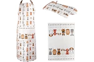 SPOTTED DOG GIFT COMPANY 3 Piece Kitchen Textiles Set - Dog Apron, Oven Glove & Tea Towel, 100% Cotton, Cute Animal Themed Kitchen Accessories for Cooking & Baking, Gifts for Dog Lovers