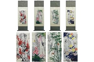 VALART Pittura Scorrimento in Seta Asiatica Decorazione Parete 4 Uomini Giusti Fiori - Prugna Orchidea Bambù Crisantemo Bella Arte Cinese Rotolo Pittura Decorazione Orientale 94 x 30 cm (4 pezzi)